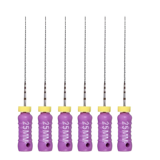 Dental C Files Hand Use Stainless Steel 25mm #10 6pcs/Pack: Six purple-handled dental files with yellow caps and thin stainless steel shafts, arranged in a row. Each file is marked with "25MM" on the handle, designed for precise dental procedures in curved or calcified root canals.