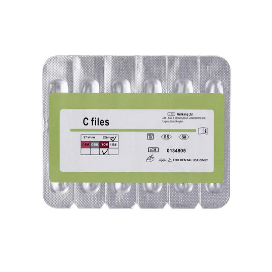 Dental C Files Hand Use Stainless Steel 25mm #10 6pcs/Pack in blister packaging. Green label displays product information, specifications, and dental use symbols. Silver foil-sealed compartments contain six individual dental files for curved root canals.