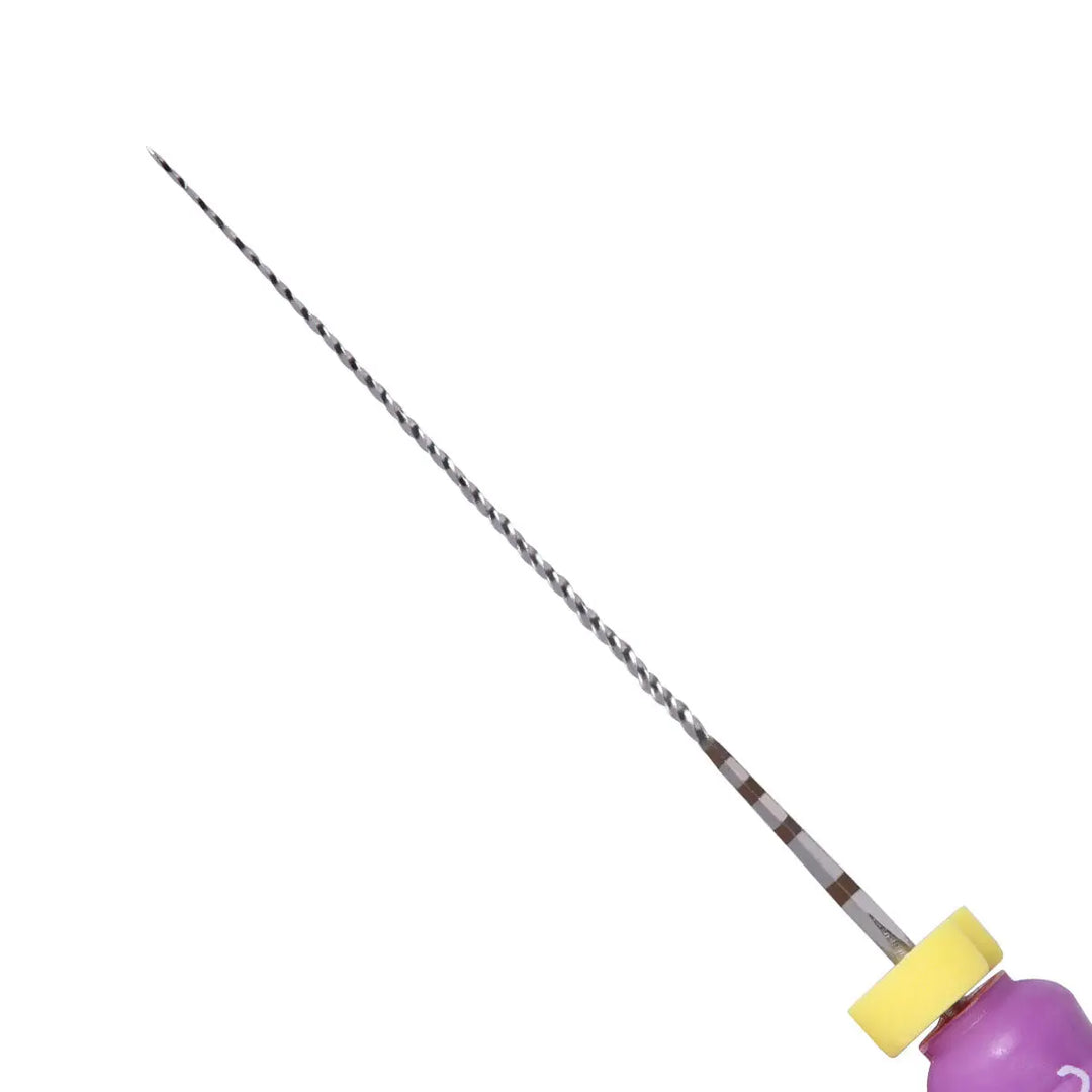 Dental C Files Hand Use Stainless Steel 25mm #10 6pcs/Pack: Close-up of a single dental C-file with a long, thin, twisted metal shaft and purple handle with yellow tip, used for root canal procedures in dentistry