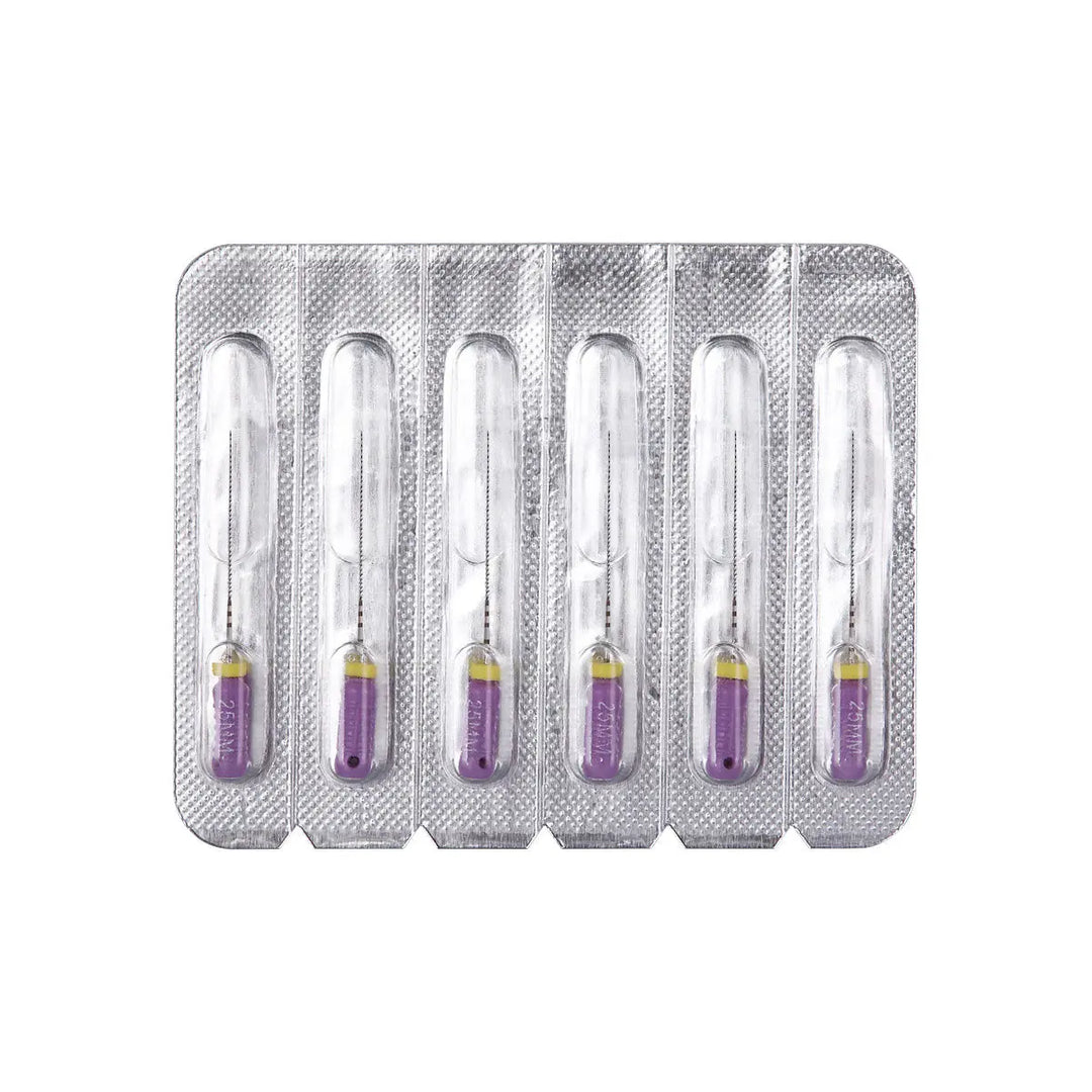 Dental C Files Hand Use Stainless Steel 25mm #10 6pcs/Pack: Six individually packaged stainless steel dental files with purple handles, displayed in a clear blister pack. Designed for precise root canal procedures in curved or calcified canals.