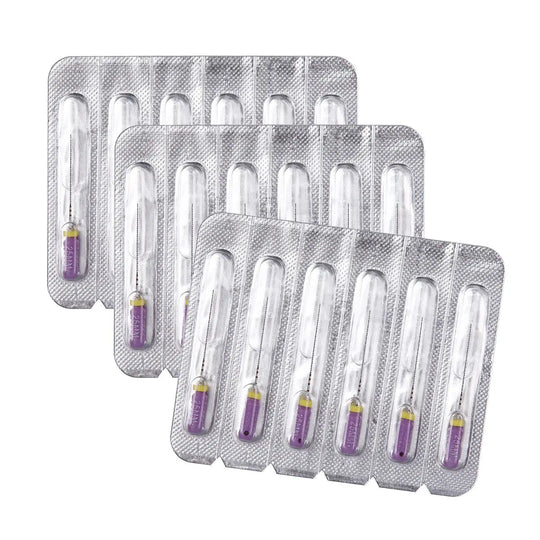 Dental C Files Hand Use Stainless Steel 25mm #10 6pcs/Pack displayed in three blister packs, each containing six individually wrapped stainless steel files with purple handles for curved root canals