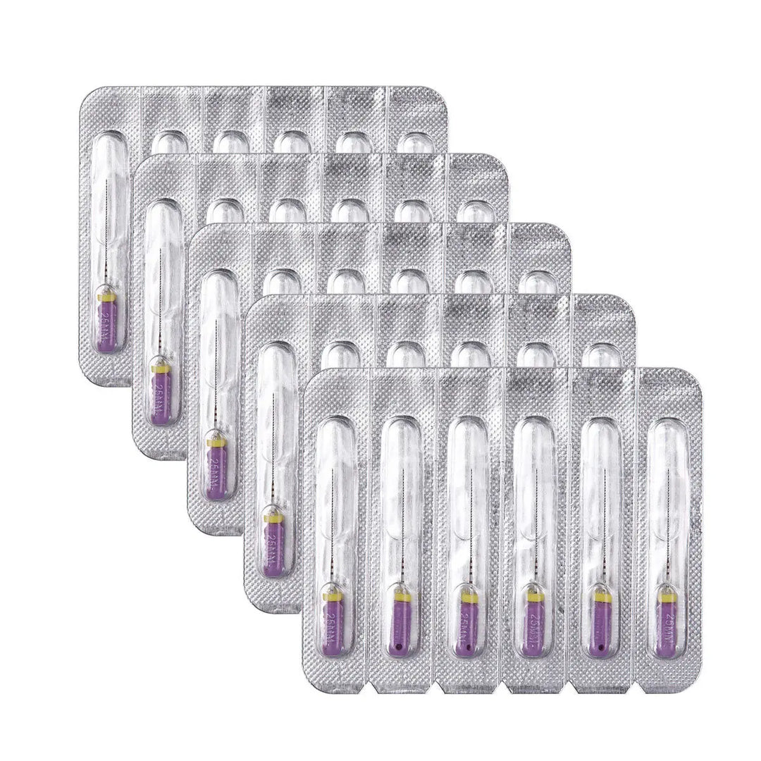 Dental C Files Hand Use Stainless Steel 25mm #10 6pcs/Pack: Multiple blister packs containing stainless steel dental files with purple handles, designed for severely curved or calcified root canals, displayed in organized rows