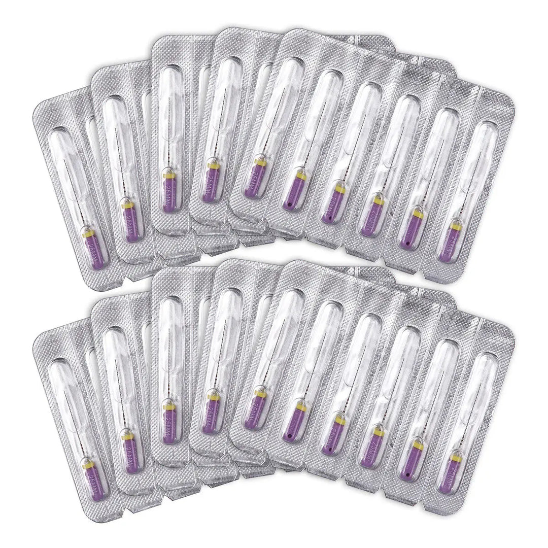 Dental C Files Hand Use Stainless Steel 25mm #10 6pcs/Pack: Multiple sealed packages containing stainless steel dental files with purple handles, arranged in rows, showcasing the product's sterile packaging and quantity.