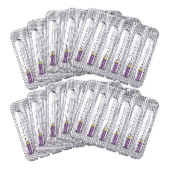 Dental C Files Hand Use Stainless Steel 25mm #10 6pcs/Pack: Multiple sealed packages containing stainless steel dental files with purple handles, arranged in rows, showcasing the product's sterile packaging and quantity.