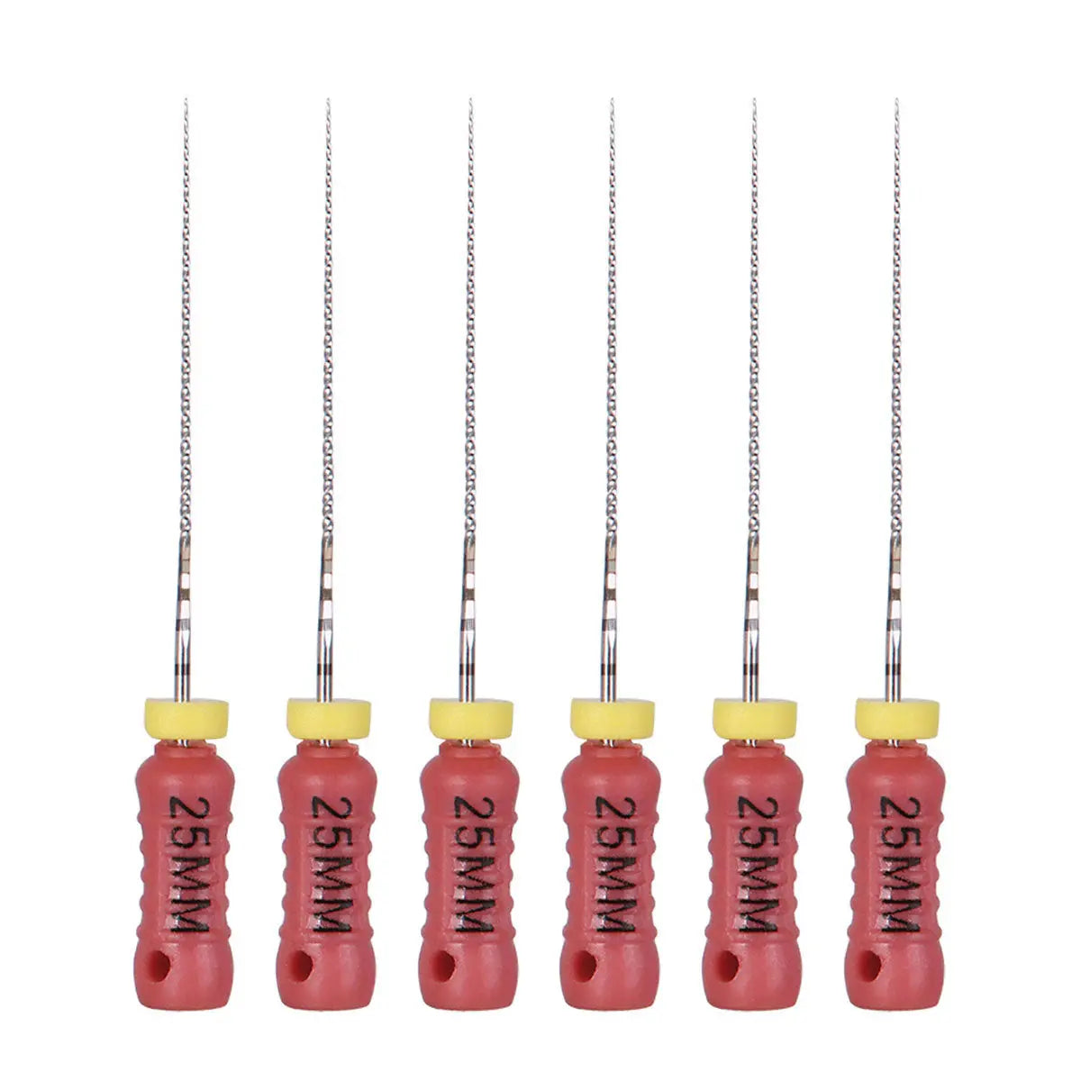 Dental C Files Hand Use Stainless Steel 25mm #6 6pcs/Pack: Six red-handled dental files with yellow collars and long, thin metal shafts, lined up in a row against a white background. Each file displays "25MM" marking, indicating their length for precise dental procedures.