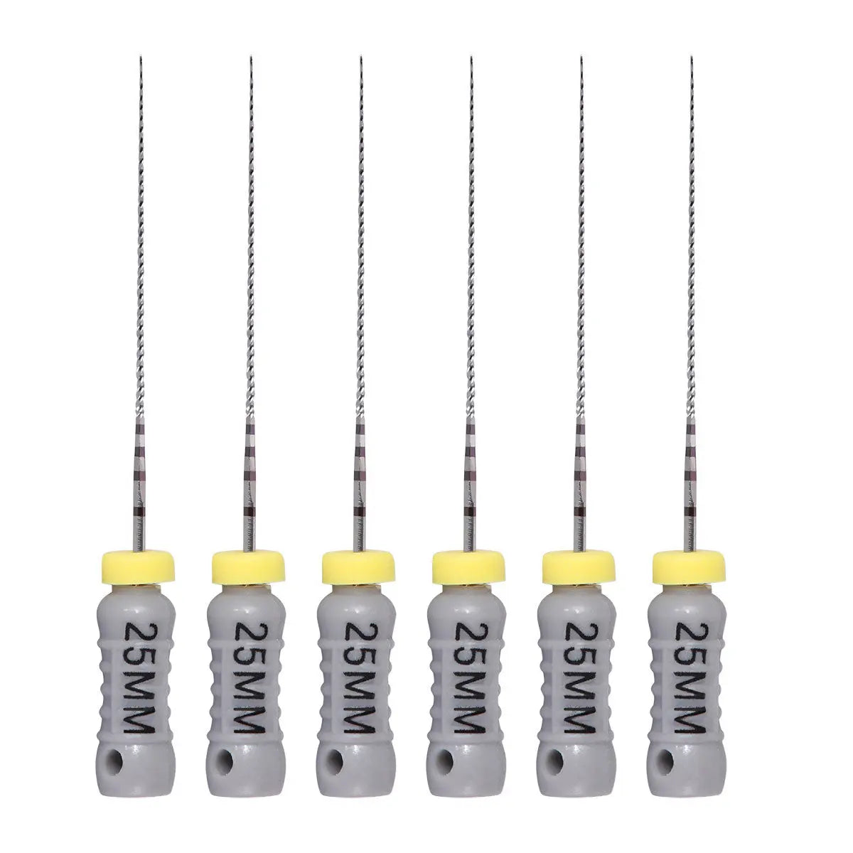 Dental C Files Hand Use Stainless Steel 25mm #8 6pcs/Pack: Six stainless steel dental files with yellow handles and '25MM' markings, arranged in a row, showcasing their twisted metal shafts designed for precise dental procedures in curved or calcified root canals