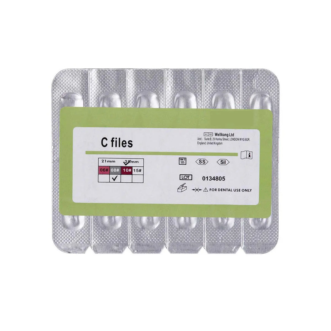 Dental C Files Hand Use Stainless Steel 25mm #8 6pcs/Pack in blister packaging with green label, showing product details and specifications for dental procedures on severely curved or calcified root canals