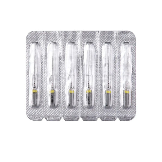 Dental C Files Hand Use Stainless Steel 25mm #8 6pcs/Pack in blister packaging, showing six individually sealed silver instruments with yellow markings on handles, designed for curved or calcified root canals in dental procedures