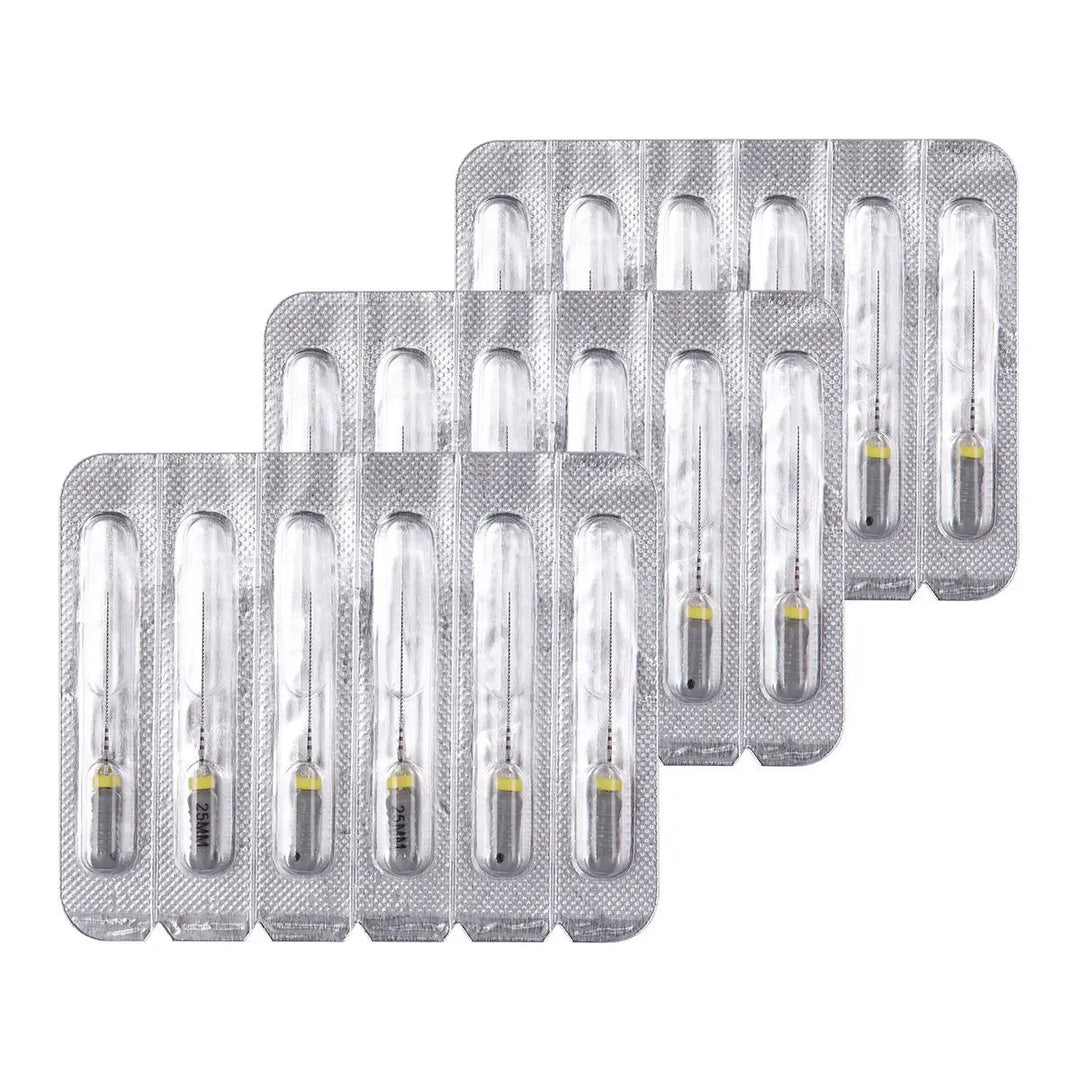 Dental C Files Hand Use Stainless Steel 25mm #8 6pcs/Pack in blister packaging, showing three rows of individually sealed dental files with yellow markings on the handles, designed for severely curved or calcified root canals