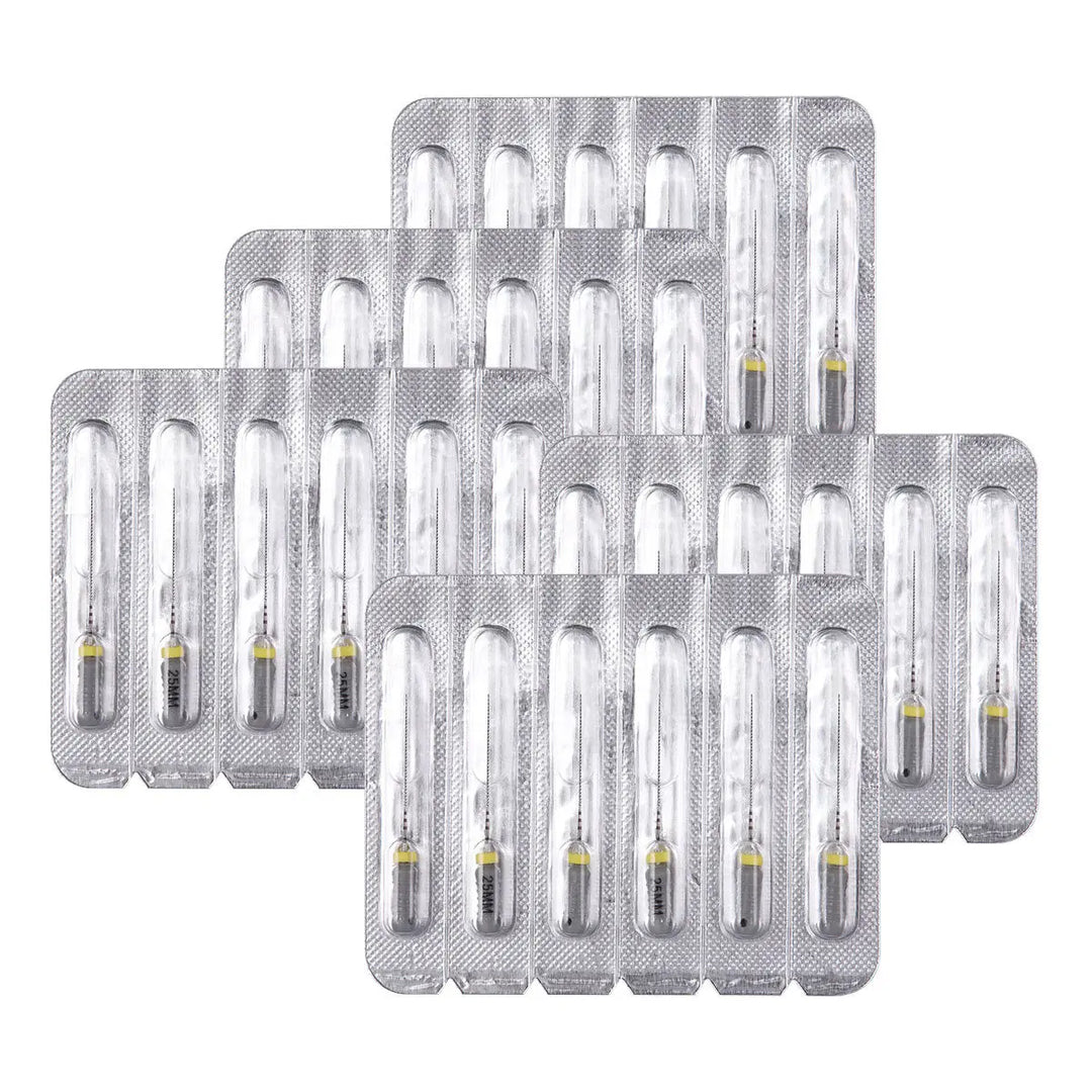 Dental C Files Hand Use Stainless Steel 25mm #8 6pcs/Pack displayed in blister packaging, showing multiple sets of thin, metallic dental instruments with yellow-tipped ends, designed for curved or calcified root canals