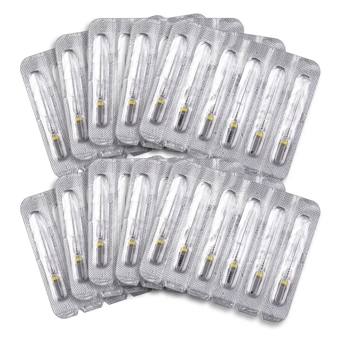 Dental C Files Hand Use Stainless Steel 25mm #8 6pcs/Pack arranged in multiple sealed blister packs, showcasing the sterile packaging and quantity of individually wrapped dental instruments for curved or calcified root canals