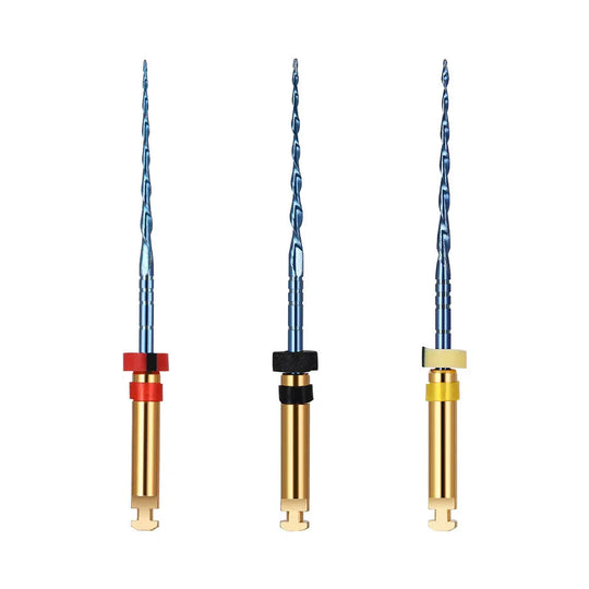 Dental Reciprocating Blue Files Niti Rotary Heat Activated 25mm 3pcs/Pack: Three blue dental files with gold handles and colored rings, designed for root canal preparation. Features S-shaped cross-section for efficient and safe canal shaping.