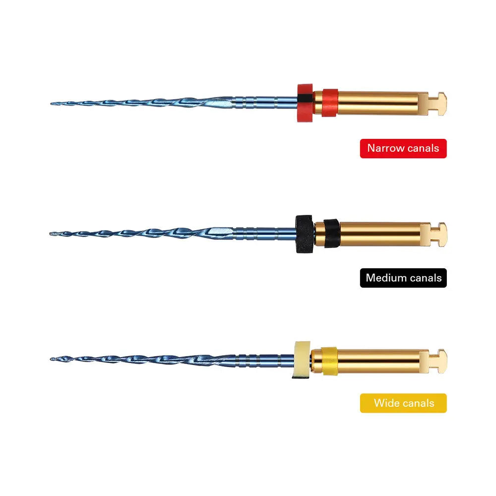 Dental Reciprocating Blue Files Niti Rotary Heat Activated 25mm 3pcs/Pack shown in three variations for narrow, medium, and wide canals. Blue spiral tips with gold and colored handles for different canal sizes in dental procedures.