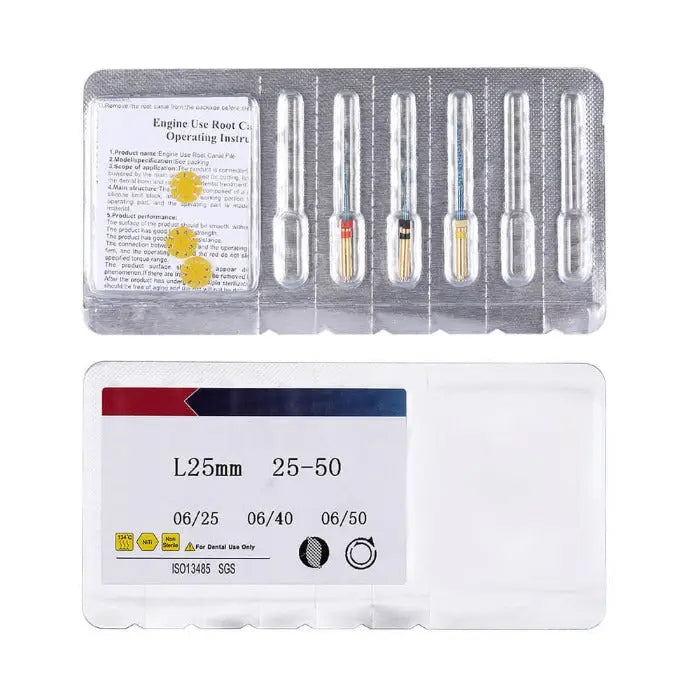 Dental Reciprocating Blue Files Niti Rotary Heat Activated 25mm 3pcs/Pack displayed in blister packaging with product information card. Set includes six dental files of varying sizes for root canal procedures, color-coded for easy identification.