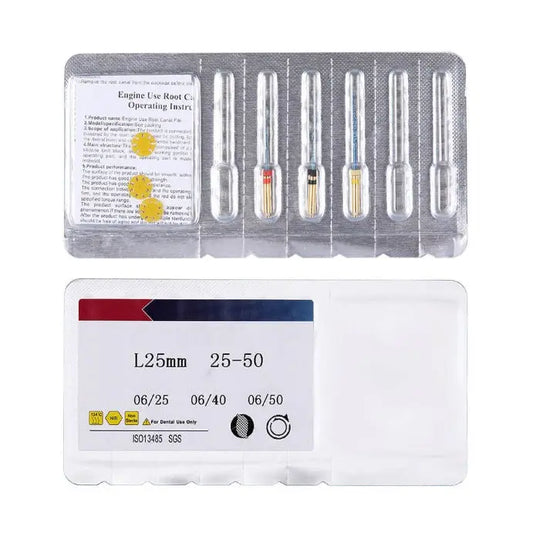 Dental Reciprocating Blue Files Niti Rotary Heat Activated 25mm 3pcs/Pack displayed in blister packaging with product information card. Set includes six dental files of varying sizes for root canal procedures, color-coded for easy identification.