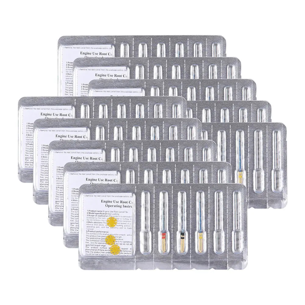 Dental Reciprocating Blue Files Niti Rotary Heat Activated 25mm 3pcs/Pack displayed in multiple transparent plastic cases, showing various sizes of dental files for engine use in root canal preparation, suitable for narrow, medium, and wide canals