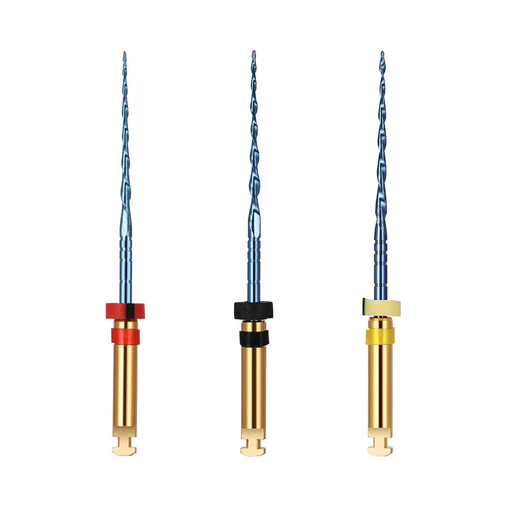 Dental Reciprocating Blue Files Niti Rotary Heat Activated 21mm 3pcs/Pack: Three blue and gold rotary dental files with different colored bands, showcasing the product's design for various canal sizes and efficient root canal preparation.