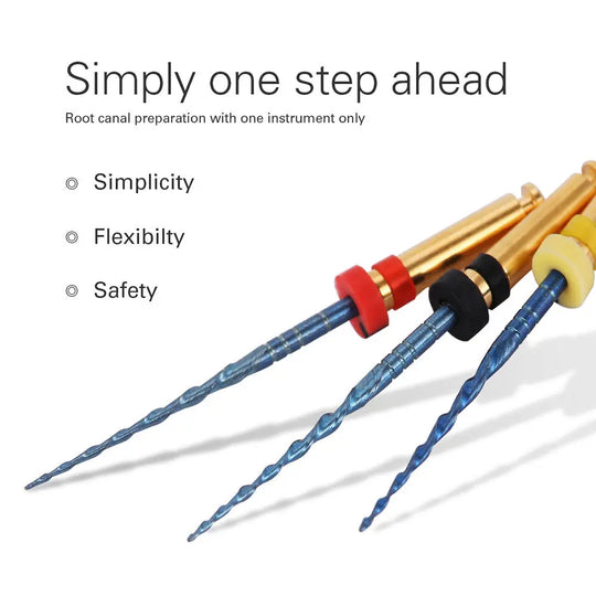 Dental Reciprocating Blue Files Niti Rotary Heat Activated 21mm 3pcs/Pack: Three colorful dental files for root canal preparation, highlighting simplicity, flexibility, and safety in one-step treatment. Image shows blue, black, and yellow files with gold handles.