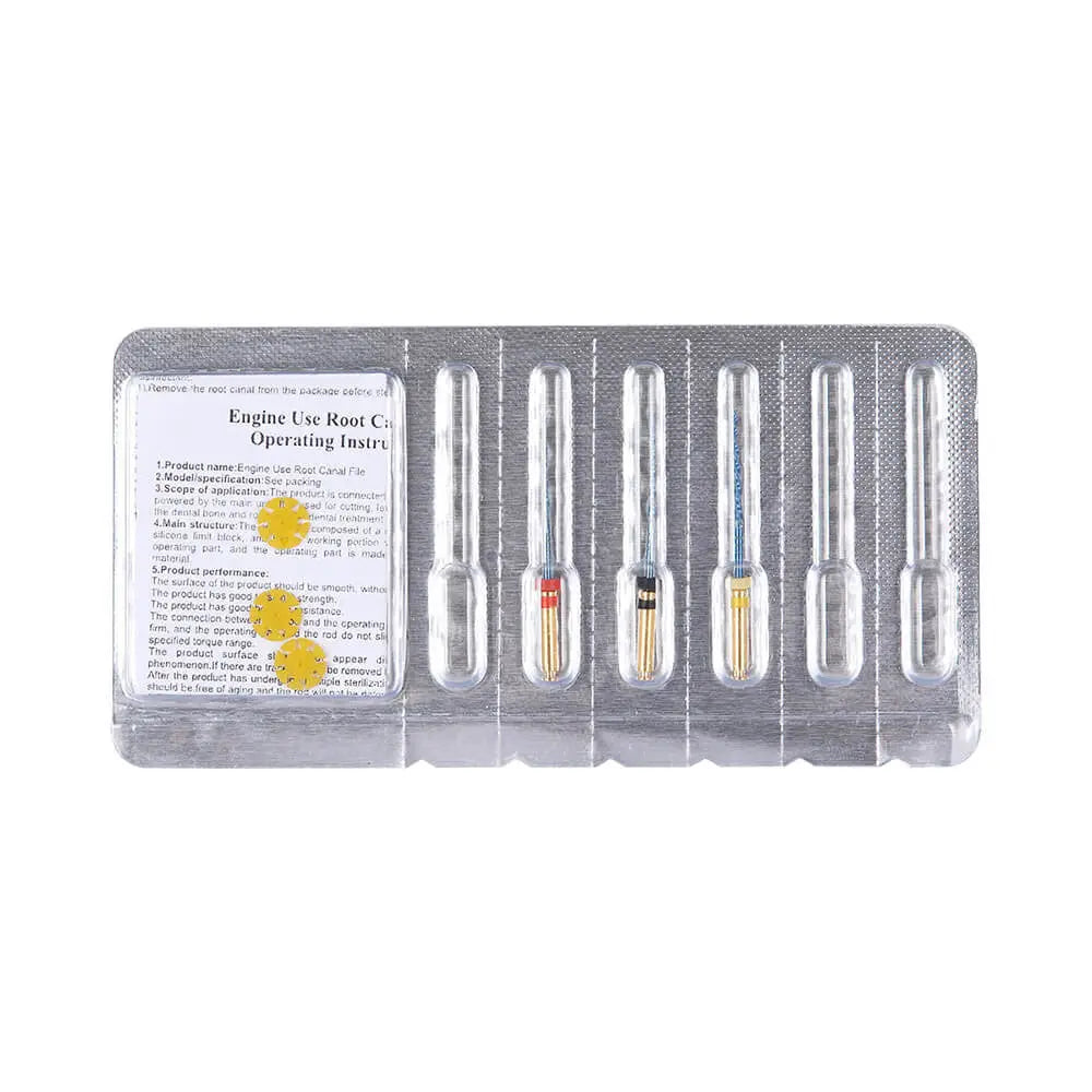 Dental Reciprocating Blue Files Niti Rotary Heat Activated 21mm 3pcs/Pack displayed in clear plastic packaging with operating instructions. Set includes six dental files of varying sizes and colors for different canal widths, designed for efficient root canal preparation.