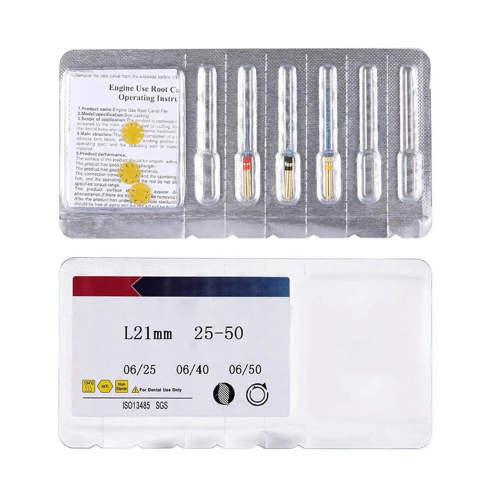 Dental Reciprocating Blue Files Niti Rotary Heat Activated 21mm 3pcs/Pack displayed in sterile packaging with color-coded handles and size markings. Set includes various file sizes for different canal widths, showcasing product versatility and precision for dental procedures.