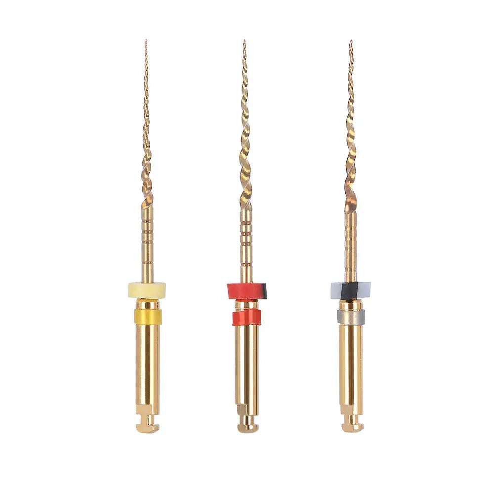 Dental NiTi Rotary Engine Files Assorted X1-X3 25mm 3pcs/Pack: Three gold-colored dental rotary files with twisted tips and color-coded rings, used for root canal treatments. Files vary in size and taper for different clinical cases.