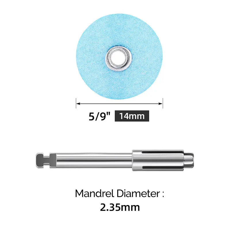 Dental Composite Finishing Polishing Discs 14mm 5/9" with Mandrel 40Pcs/Pack: Blue polishing disc with 14mm diameter and metal mandrel, showing size measurements and mandrel details for dental composite finishing and polishing.