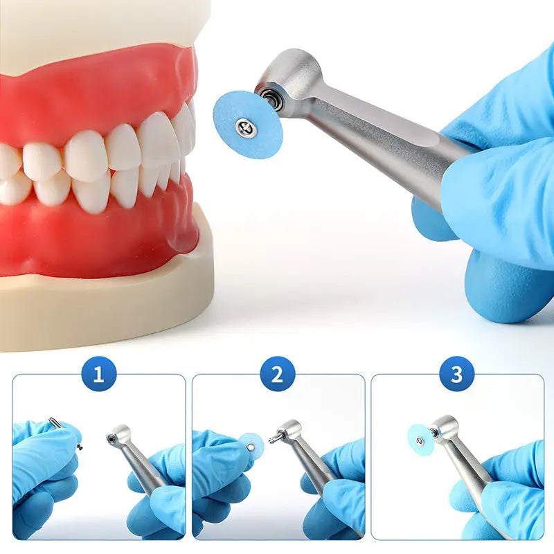 Dental Composite Finishing Polishing Discs 14mm 5/9" with Mandrel 40Pcs/Pack demonstrated on dental model. Blue polishing disc attached to handpiece polishing teeth. Step-by-step instructions shown below for attaching disc to mandrel.