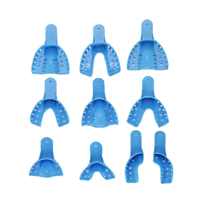 Dental Impression Trays Kit Perforated Plastic Autoclavable All Sizes 10pcs/Pack: Blue plastic dental impression trays in various sizes and shapes, arranged in three rows. Trays feature perforated designs for improved material retention and ergonomic handles for comfortable use.