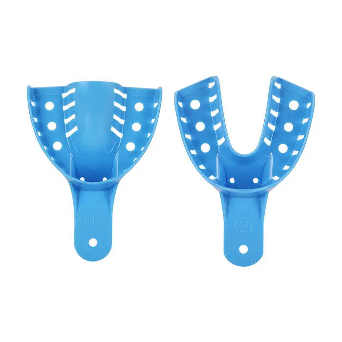 Dental Impression Trays Kit: Two blue plastic perforated trays, one full arch and one partial, with ergonomic design and smooth surface for patient comfort. Part of autoclavable 10-piece set with various sizes for dental impressions.