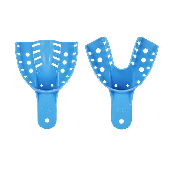 Dental Impression Trays Kit: Two blue plastic autoclavable perforated trays, one U-shaped and one full-arch, from a 10-piece set featuring various sizes for dental impressions. Ergonomic design with smooth surfaces for patient comfort.