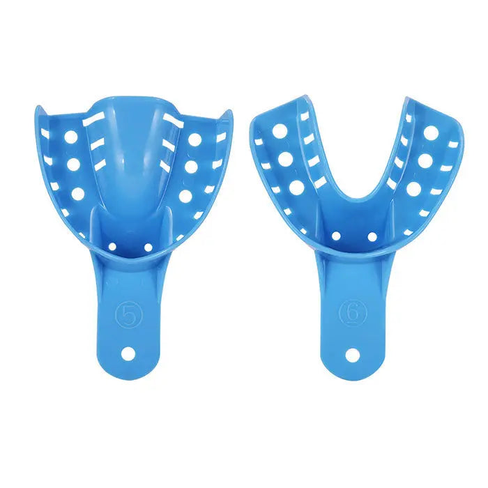 Dental Impression Trays Kit: Blue plastic perforated trays in two sizes, featuring ergonomic design with smooth surface and multiple holes for comfort and effective impression-taking. Part of a 10-piece autoclavable set for dental procedures.