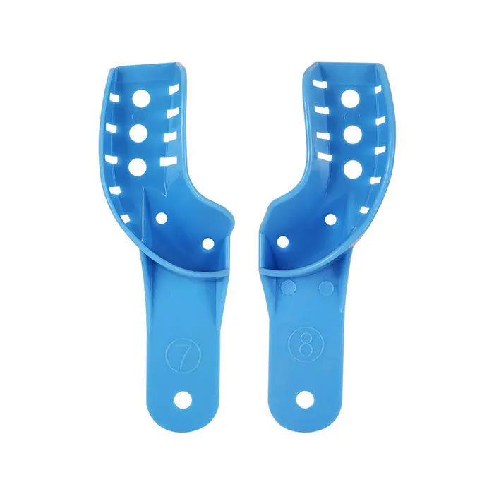 Dental Impression Trays Kit: Blue plastic perforated autoclavable trays, size 7 and 8, part of 10-piece set. Ergonomic design with smooth surface and multiple holes for comfort and precision in dental impressions.