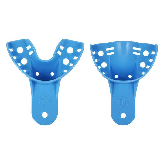 Dental Impression Trays Kit: Two blue plastic perforated trays, one U-shaped and one curved, with numbered handles. Part of autoclavable set with various sizes for dental impressions.