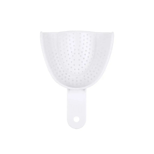 White perforated plastic dental impression tray for Dental Impression Trays Perforated Plastic Autoclave 5 Sizes Upper And Lower 2pcs/Pack, showing ergonomic design with smooth surface and multiple holes for efficient material retention