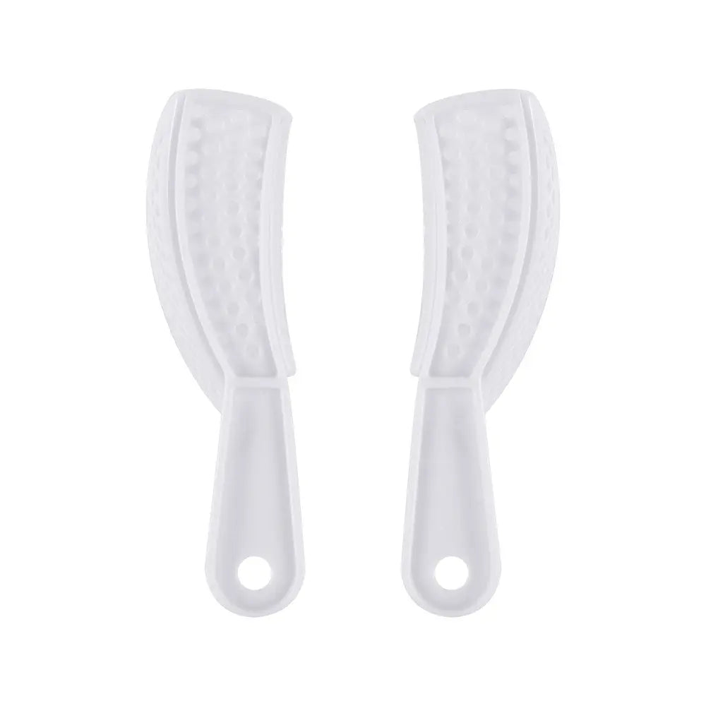 Dental Impression Trays Perforated Plastic Autoclave 5 Sizes Upper And Lower 2pcs/Pack: Two white plastic dental impression trays with perforated surfaces and ergonomic handles, designed for comfortable and efficient dental impressions in various sizes for upper and lower teeth.