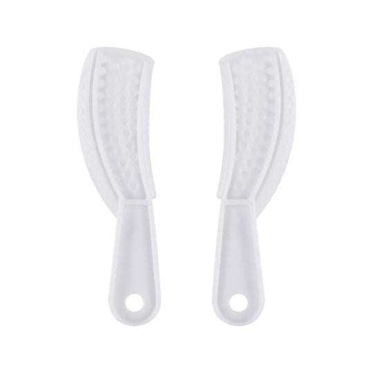 Dental Impression Trays Perforated Plastic Autoclave 5 Sizes Upper And Lower 2pcs/Pack: Two white plastic dental impression trays with perforated surfaces and ergonomic handles, designed for comfortable and efficient dental impressions in various sizes for upper and lower teeth.