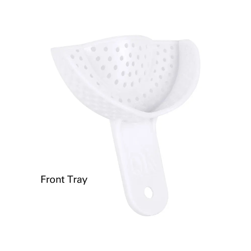 Dental Impression Trays Perforated Plastic Autoclave 5 Sizes Upper And Lower 2pcs/Pack: White plastic front dental impression tray with perforated surface and ergonomic handle, designed for comfortable and efficient dental impressions