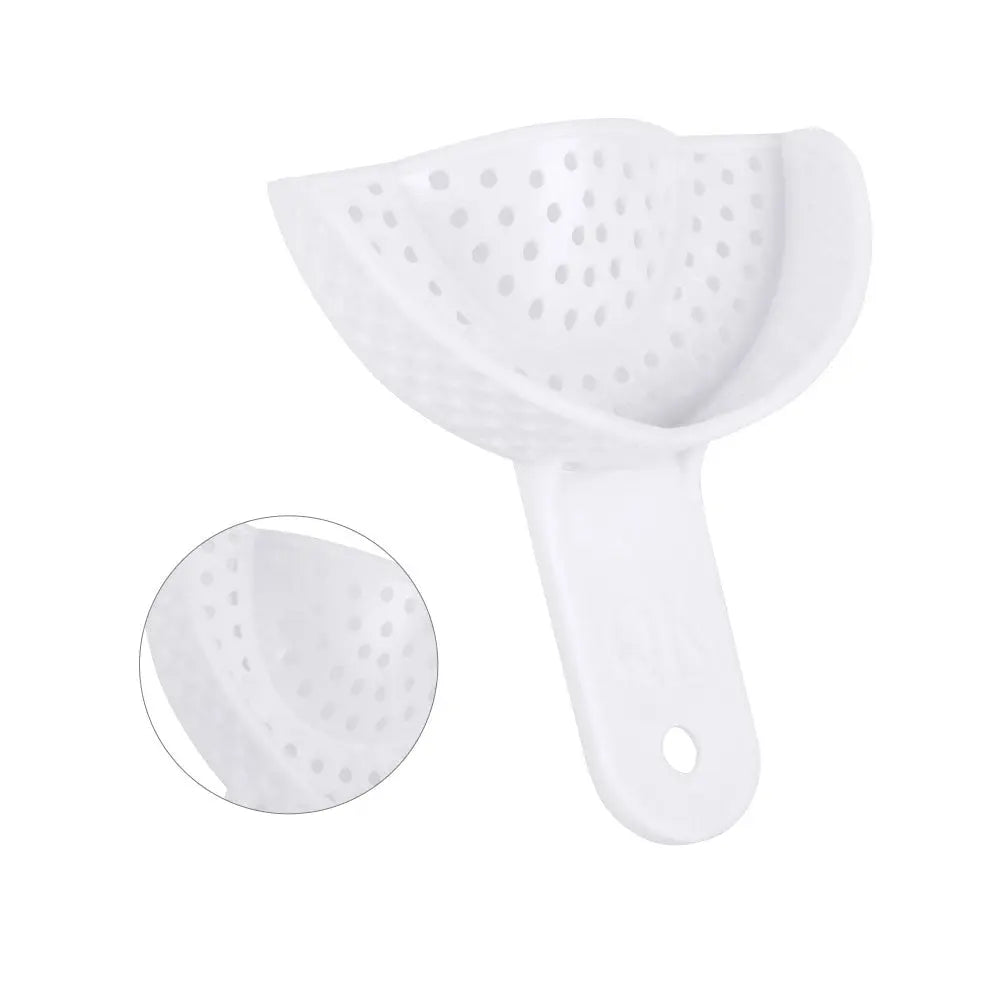 Dental Impression Trays Perforated Plastic Autoclave 5 Sizes Upper And Lower 2pcs/Pack: White perforated plastic dental impression tray with handle, showcasing its ergonomic design and sturdy construction for comfortable patient use and easy sterilization.