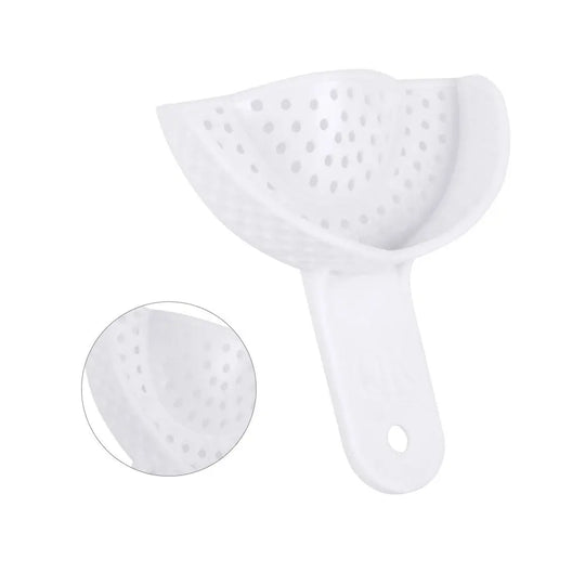 Dental Impression Trays Perforated Plastic Autoclave 5 Sizes Upper And Lower 2pcs/Pack: White perforated plastic dental impression tray with handle, showcasing its ergonomic design and sturdy construction for comfortable patient use and easy sterilization.