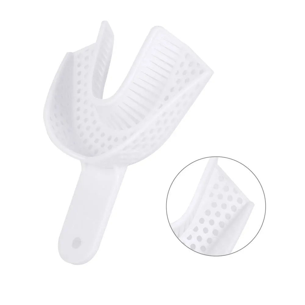 Dental Impression Trays Perforated Plastic Autoclave 5 Sizes Upper And Lower 2pcs/Pack: White plastic dental impression tray with perforated surface and ergonomic handle, shown in full view and close-up of perforated detail. Designed for comfortable and efficient dental impressions.