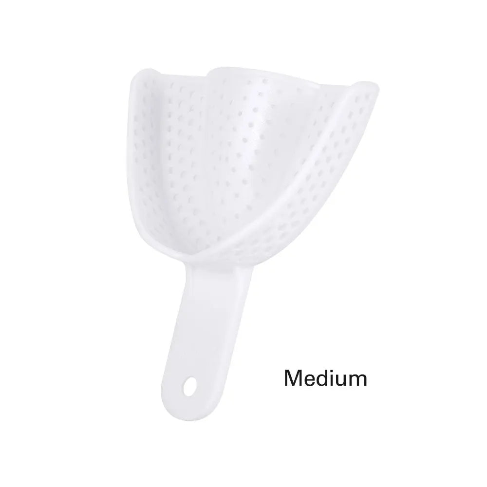 Dental Impression Trays Perforated Plastic Autoclave 5 Sizes Upper And Lower 2pcs/Pack - Medium size white plastic dental impression tray with perforated surface and ergonomic handle, designed for comfortable and precise dental impressions