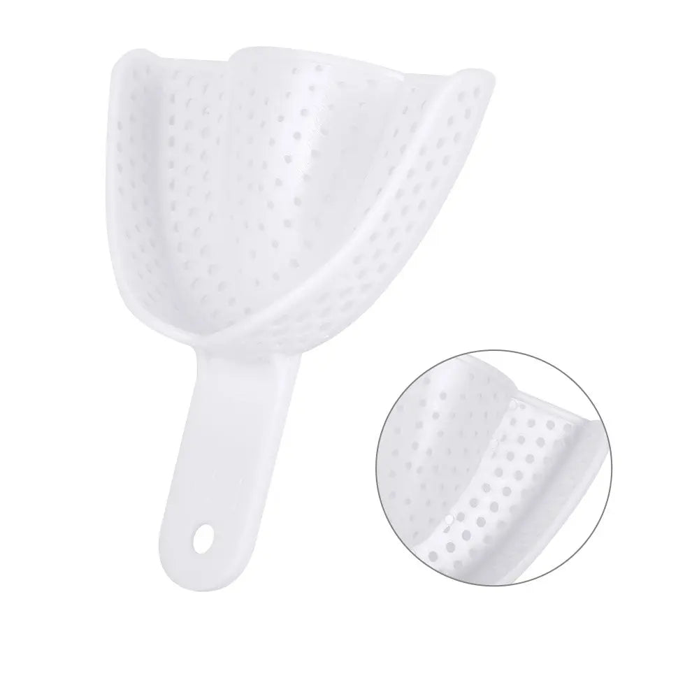 Dental Impression Trays Perforated Plastic Autoclave 5 Sizes Upper And Lower 2pcs/Pack - White plastic dental impression tray with perforated surface and ergonomic handle, showcasing its sturdy design and reusable nature for various mouth sizes