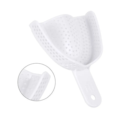 Dental Impression Trays Perforated Plastic Autoclave 5 Sizes Upper And Lower 2pcs/Pack: White plastic dental impression tray with perforated design, curved shape for comfortable fit, and smooth handle for easy manipulation. Close-up view showcasing the tray's ergonomic structure and numerous small holes for improved impression material retention.