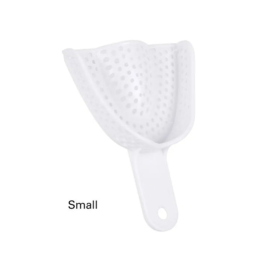 Dental Impression Trays Perforated Plastic Autoclave 5 Sizes Upper And Lower 2pcs/Pack: Small white perforated plastic dental impression tray with ergonomic handle, designed for comfort and reusability after sterilization.