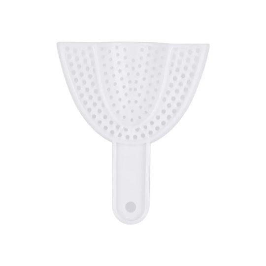 White perforated plastic dental impression tray for Dental Impression Trays Perforated Plastic Autoclave 5 Sizes Upper And Lower 2pcs/Pack. Curved shape with handle, designed for comfortable and efficient dental impressions. Autoclavable and reusable.