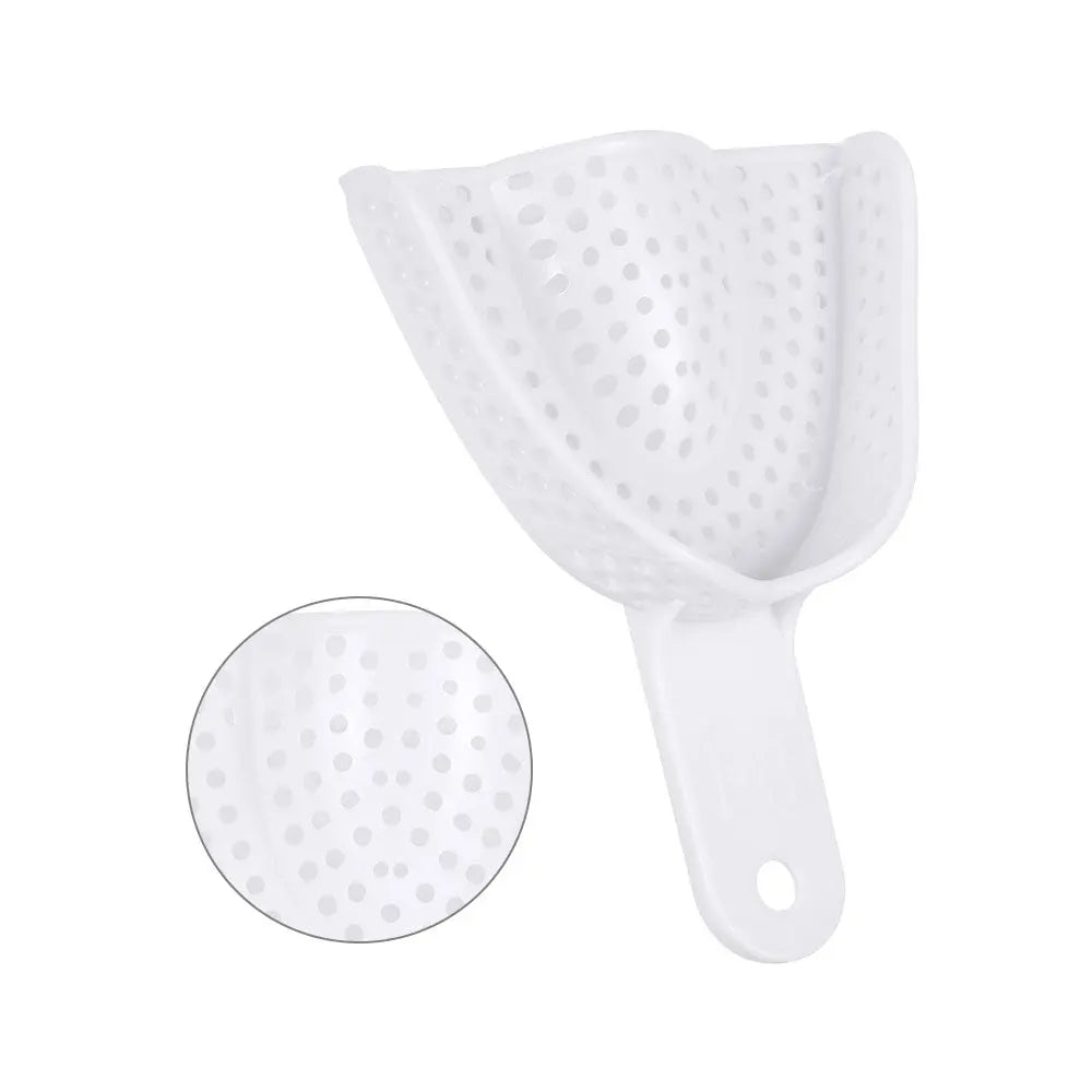 Dental Impression Trays Perforated Plastic Autoclave 5 Sizes Upper And Lower 2pcs/Pack: White perforated plastic dental impression tray with ergonomic handle, featuring multiple sizes for upper and lower teeth. Close-up of perforated surface texture shown in circular inset.