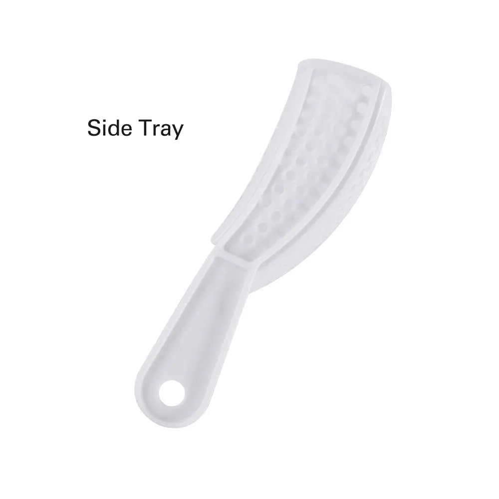 Dental Impression Trays Perforated Plastic Autoclave 5 Sizes Upper And Lower 2pcs/Pack: White plastic side tray for dental impressions, featuring a curved shape with perforations and a handle for easy use and patient comfort.