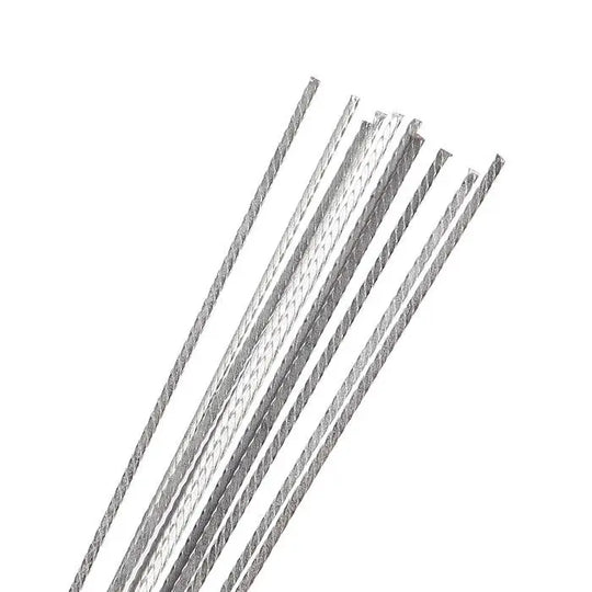 Dental Orthodontic Stainless Steel Lingual Retainer Wire Flat Straight Twist Wires 10pcs/Pack: Close-up of multiple thin, silver-colored metal wires arranged in parallel on white background, showcasing the flat and straight design of orthodontic retainer wires used in dental procedures.