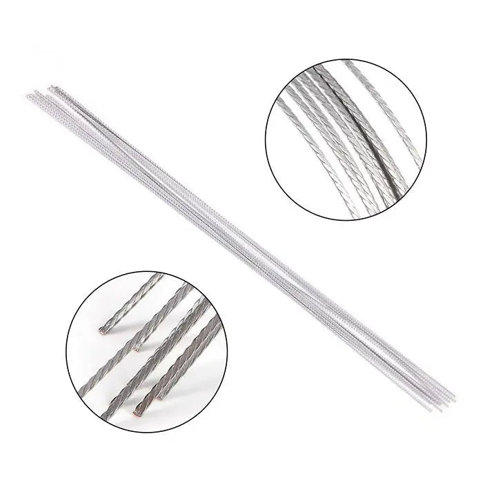 Dental Orthodontic Stainless Steel Lingual Retainer Wire Flat Straight Twist Wires 10pcs/Pack: Long, thin silver wires with twisted and straight sections, close-up views showing detailed texture and structure of orthodontic wires used for dental retainers.