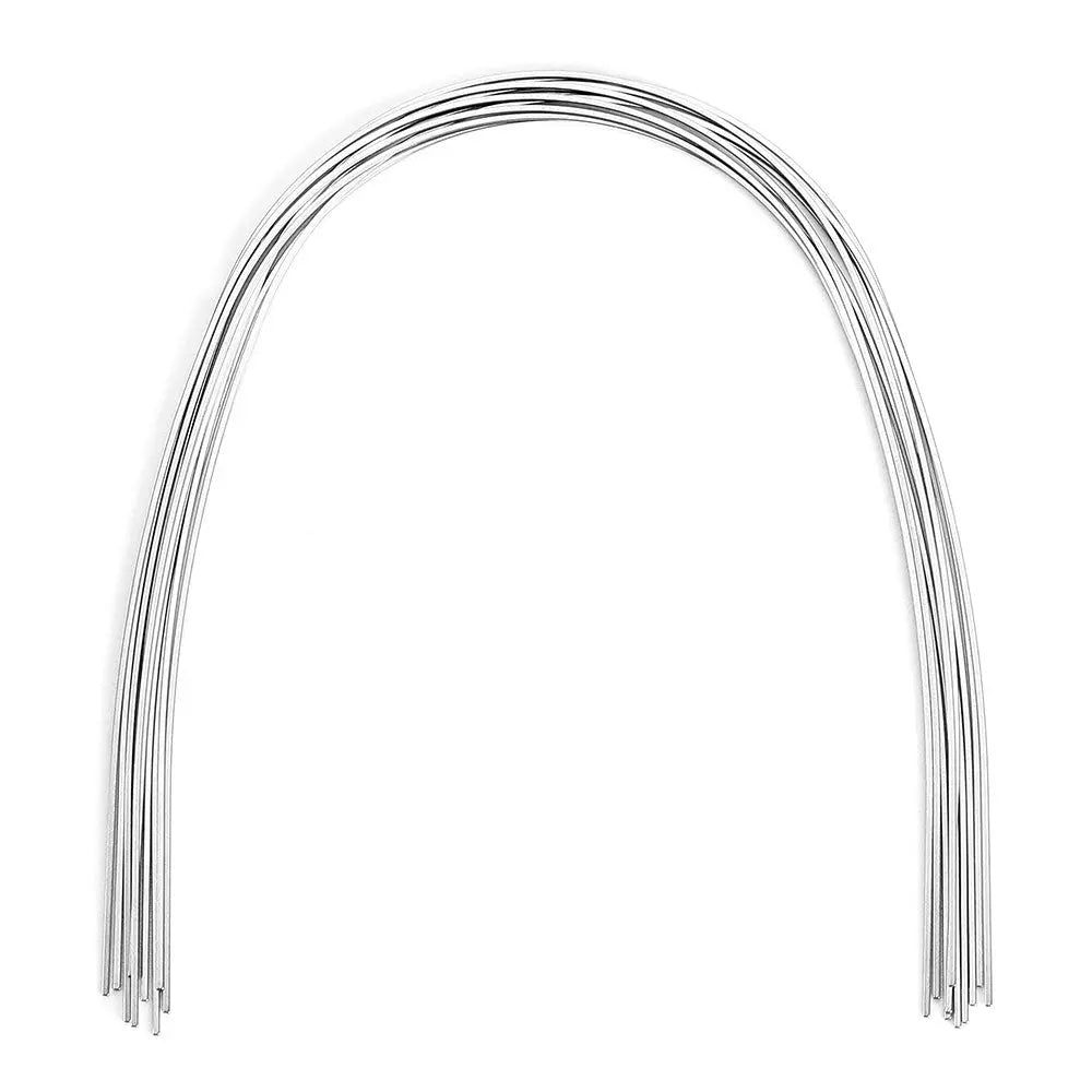 Archwire Niti Super Elastic Ovoid Rectangular Full Size 10pcs/Pack - Dental orthodontic archwires coiled in an ovoid shape, made of super elastic NiTi material. Multiple thin, shiny wires form an arch, showcasing the product's flexibility and dental application.